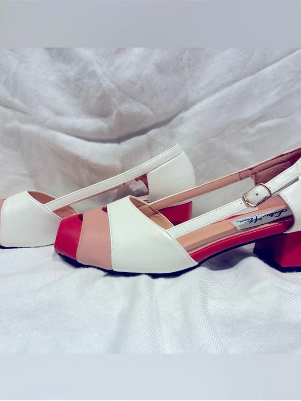 Lulu Hun Red, White, Pink Peep Toe Block Heels, Vintage Style, US sz 5/UK sz 3